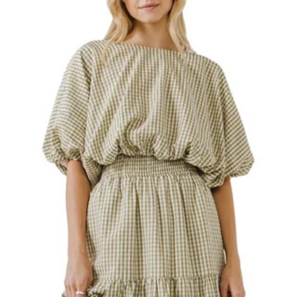 English Factory Voluminous Olive Gingham Crop Top Size XS Reg. $70